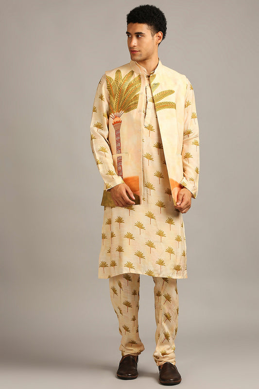 Beige Conversational printed longline jacket with kurta set