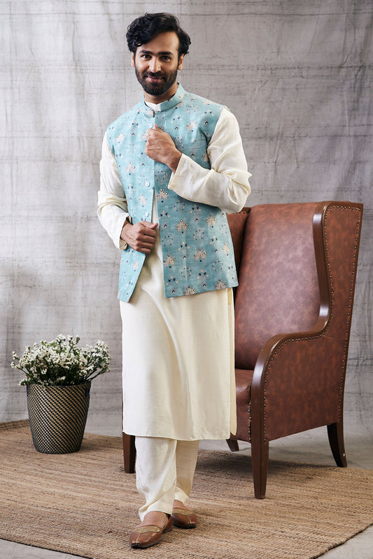 Sarouk Beige Printed Bundi With Kurta Set