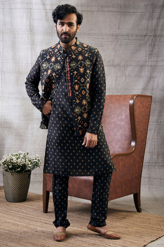 Zahra Black Printed Bundi With Kurta Set