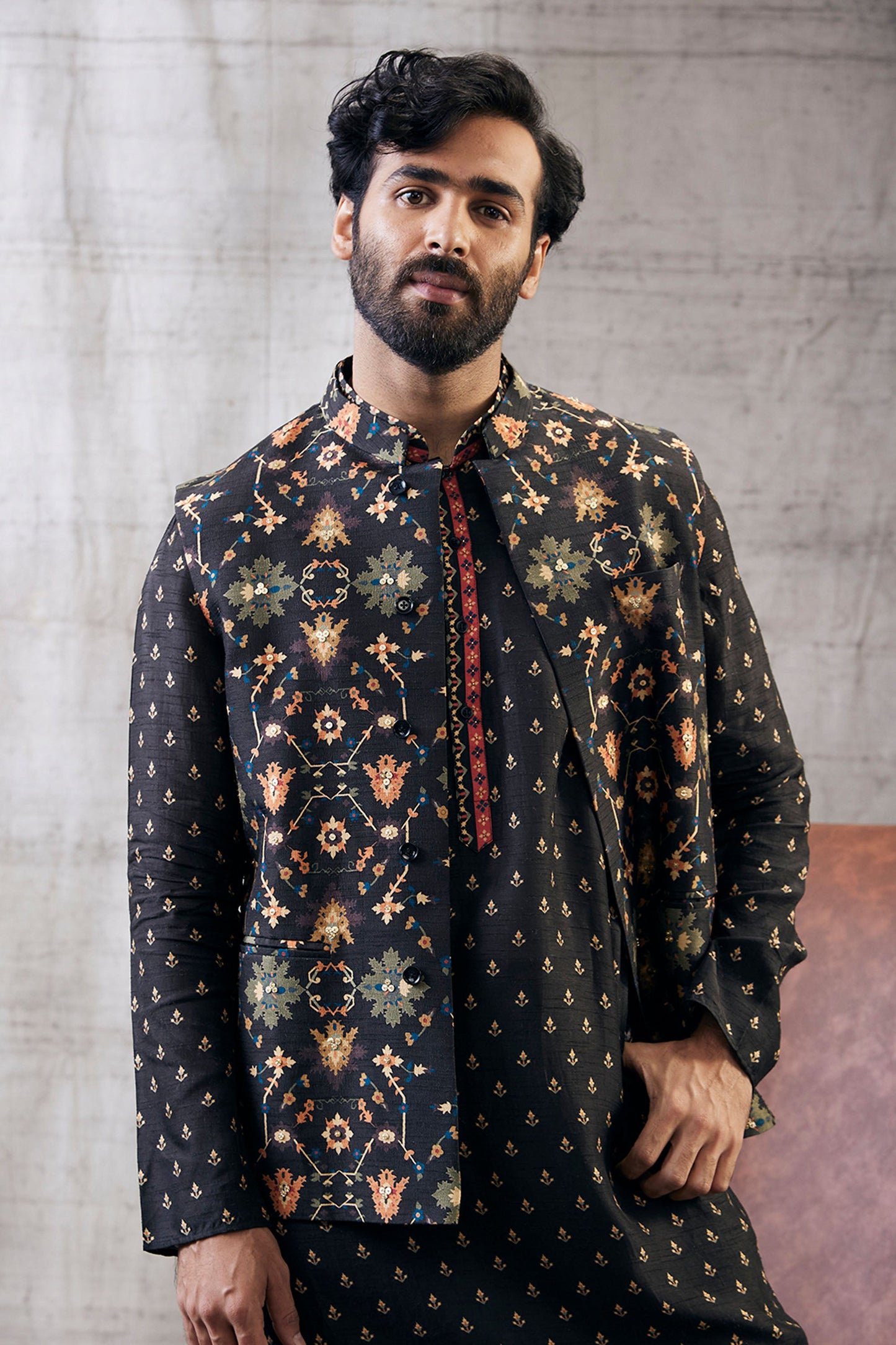 Zahra Black Printed Bundi With Kurta Set