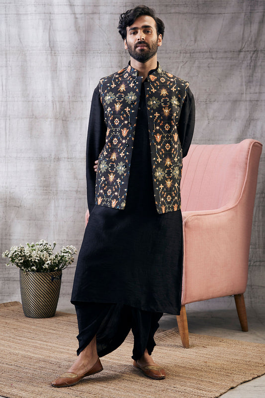 Zahra Black Printed Bundi With Kurta Set