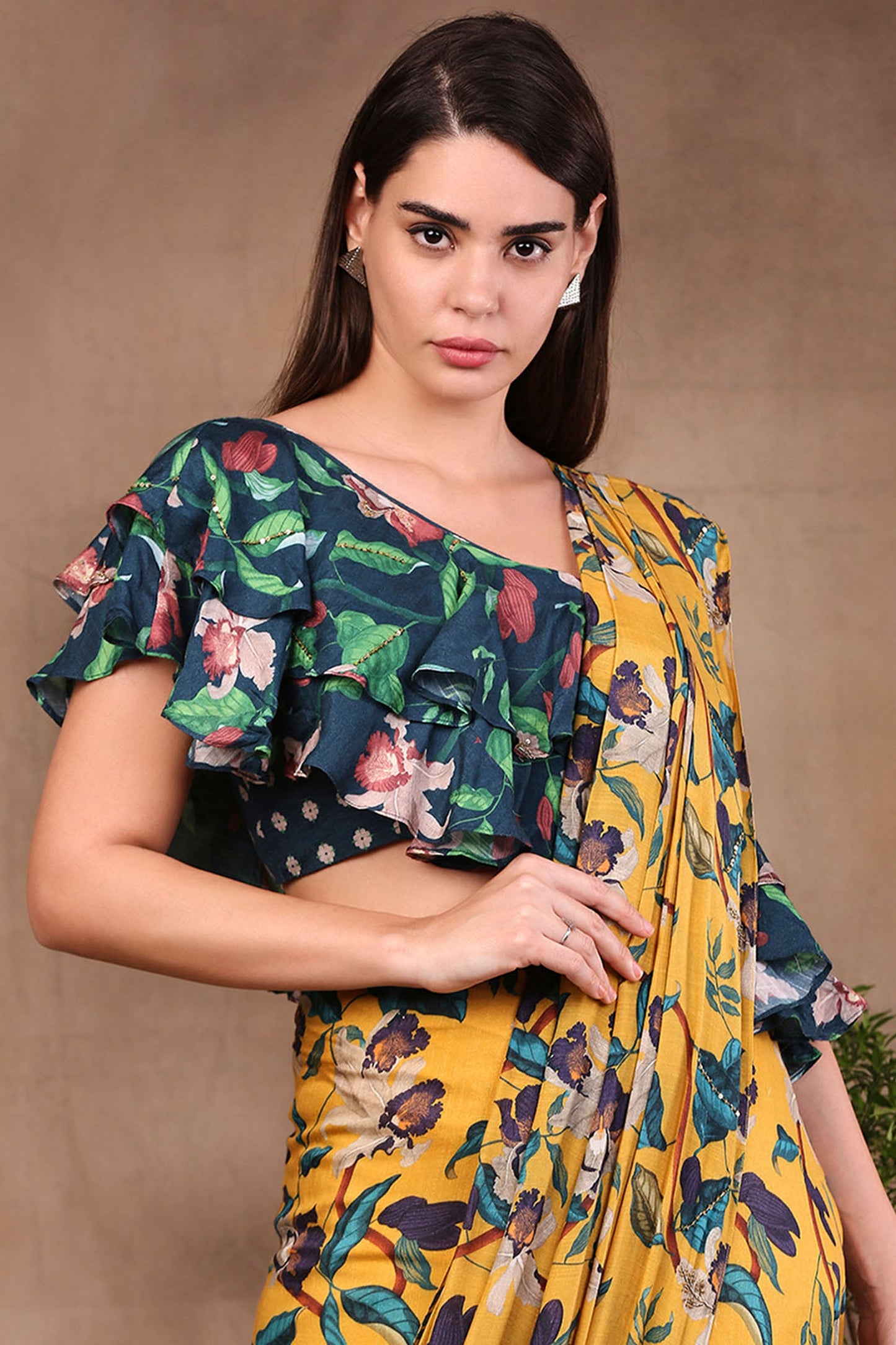 Yellow Muslin Slub Orchid Bloom Printed Pre-Stitched Saree With Crop Top