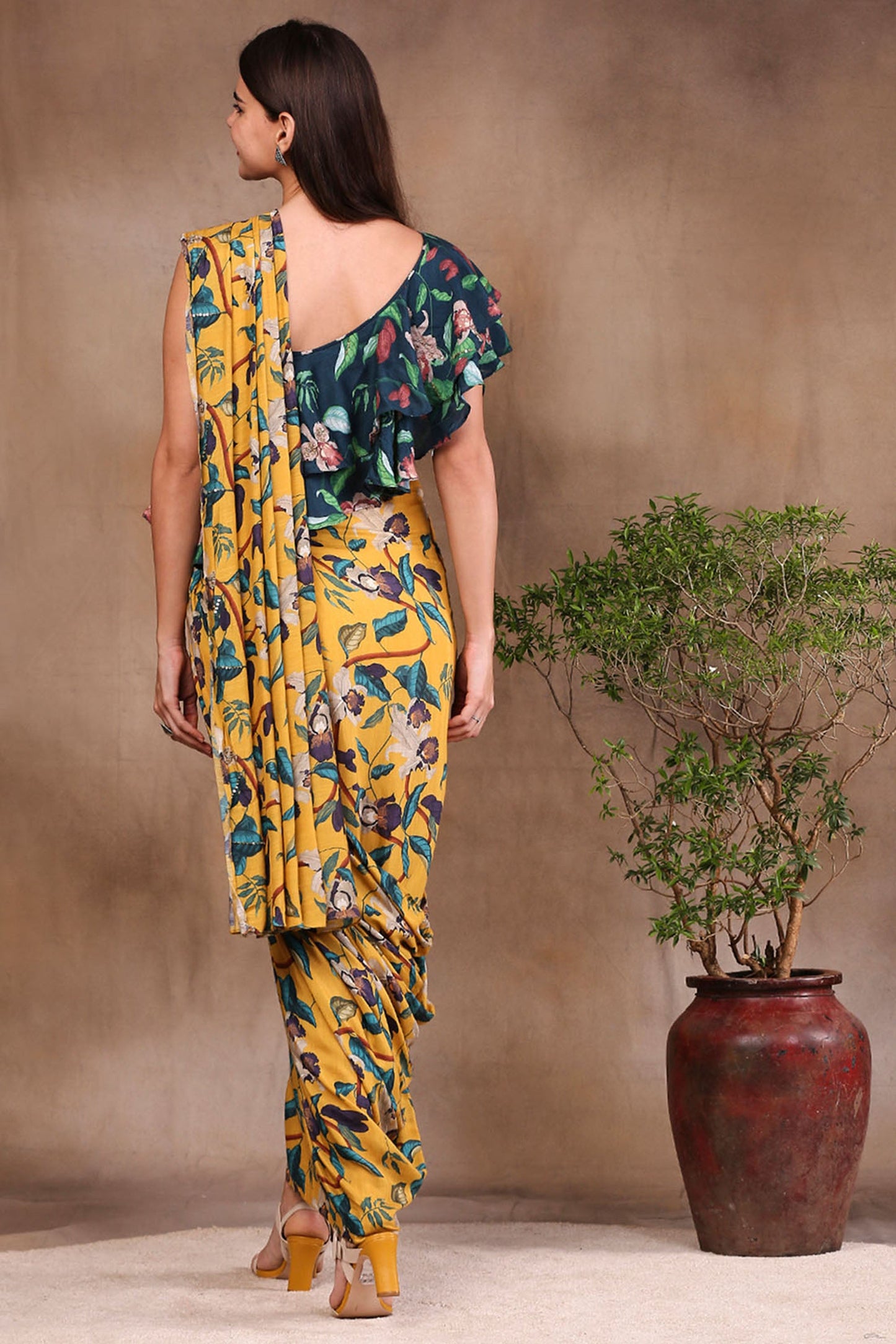 Yellow Muslin Slub Orchid Bloom Printed Pre-Stitched Saree With Crop Top