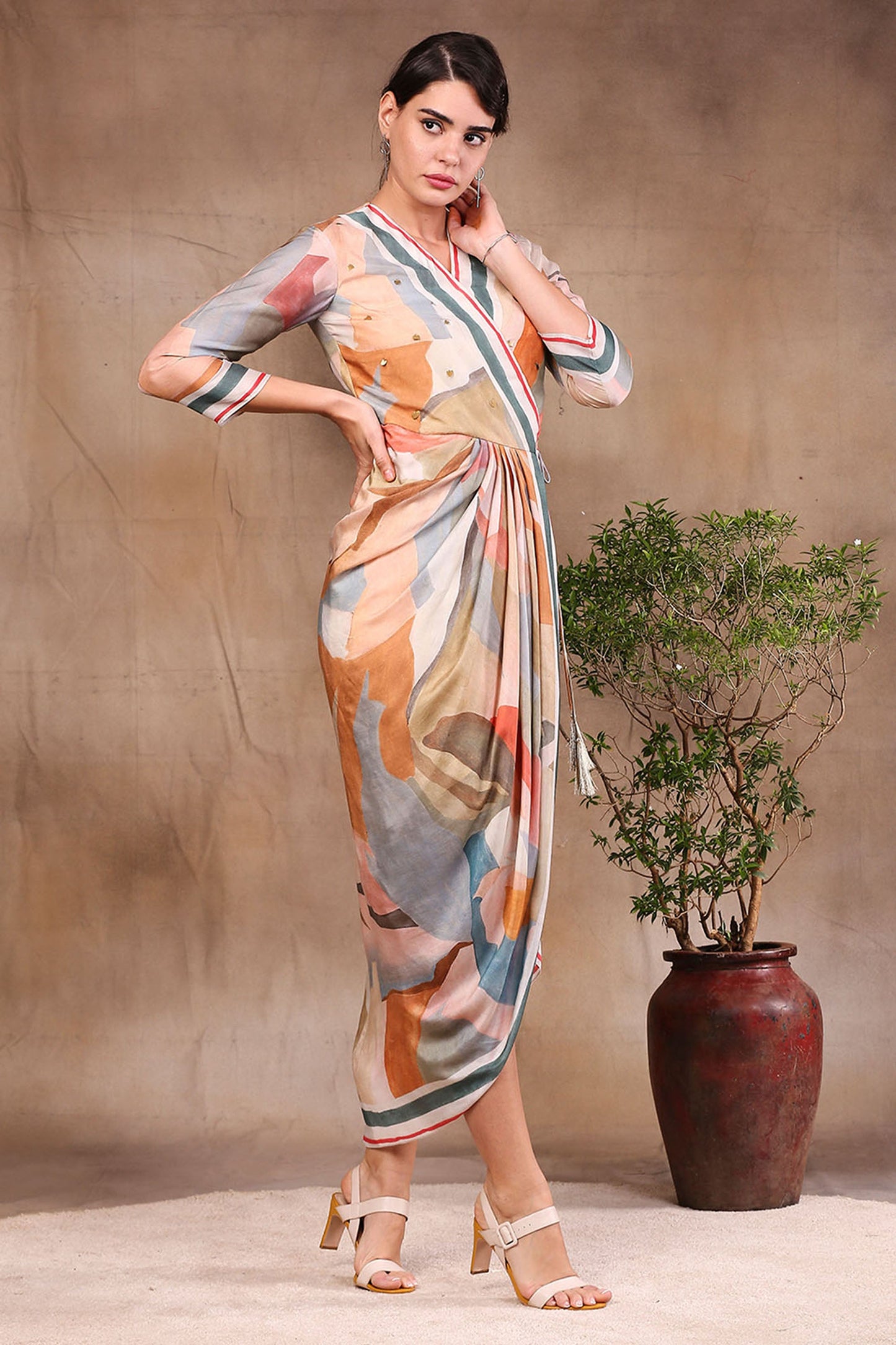Multi color Cotton Silk Conversational Printed Overlap Drape Dress
