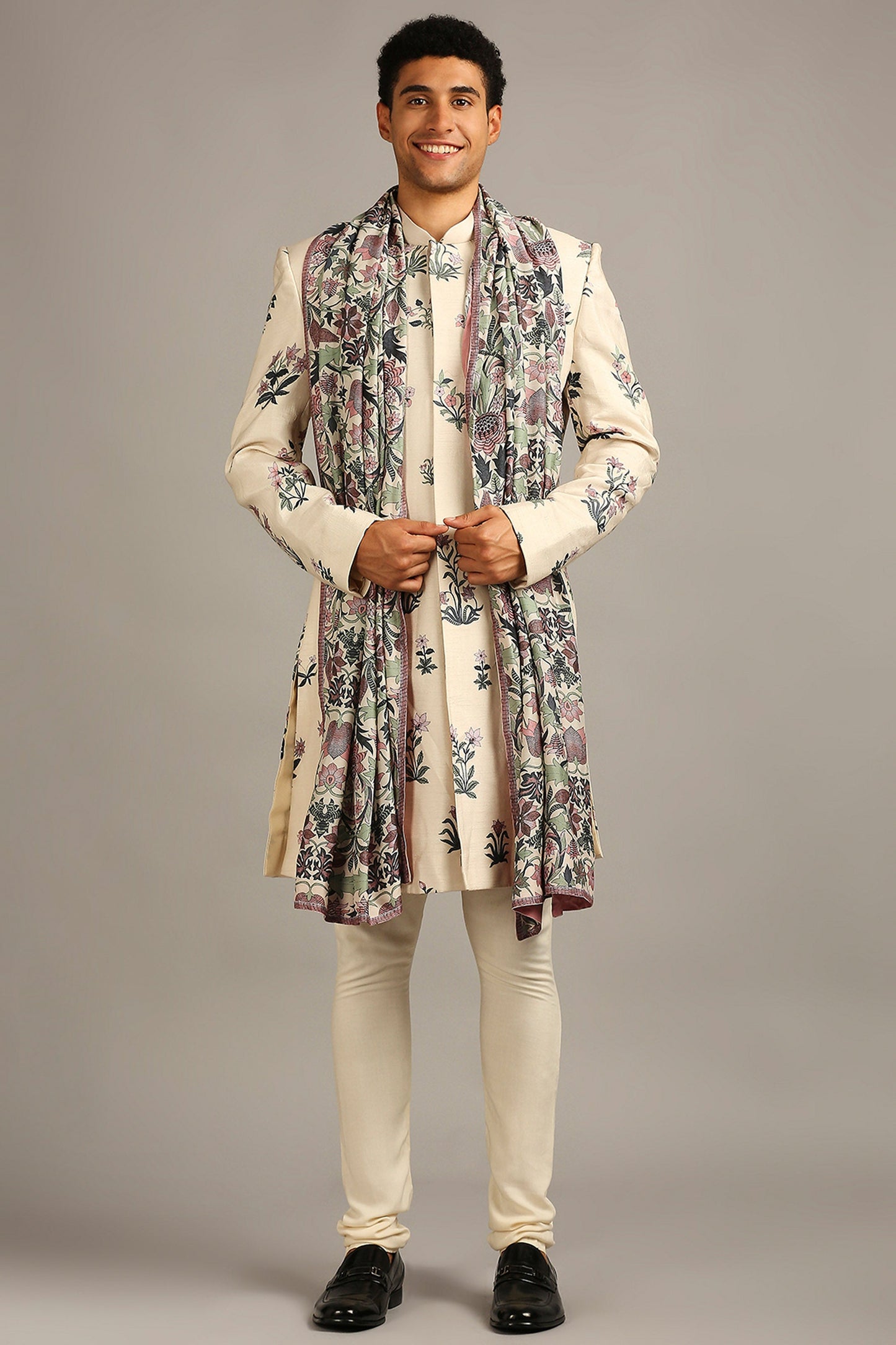 Beige Pastel floral printed sherwani set
