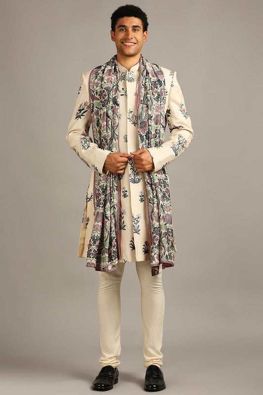 Beige Pastel floral printed sherwani set