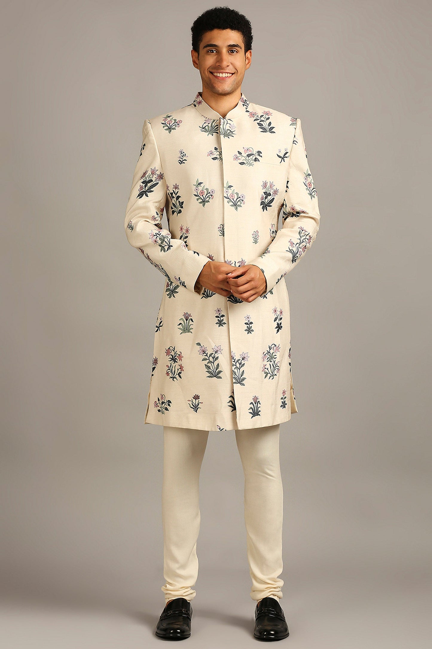 Beige Pastel floral printed sherwani set