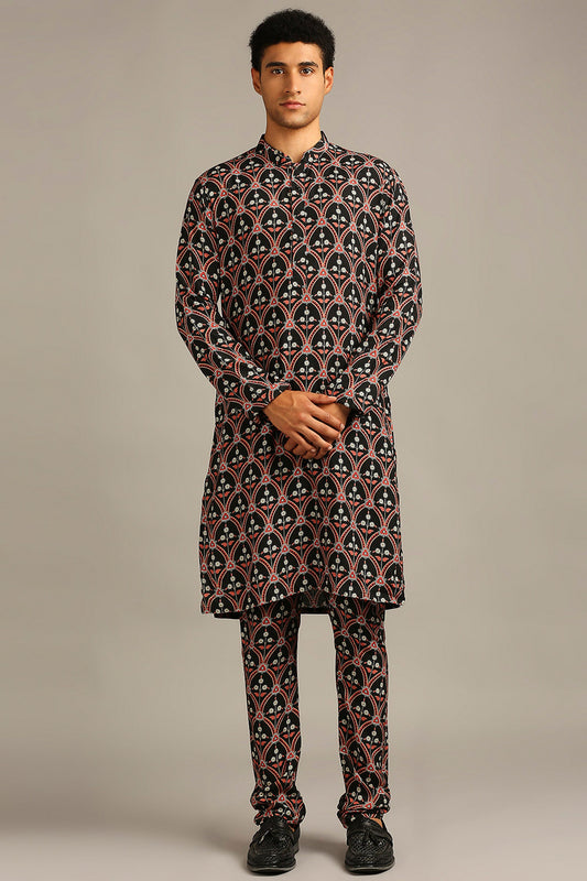 Black Ethnic folklore printed kurta set