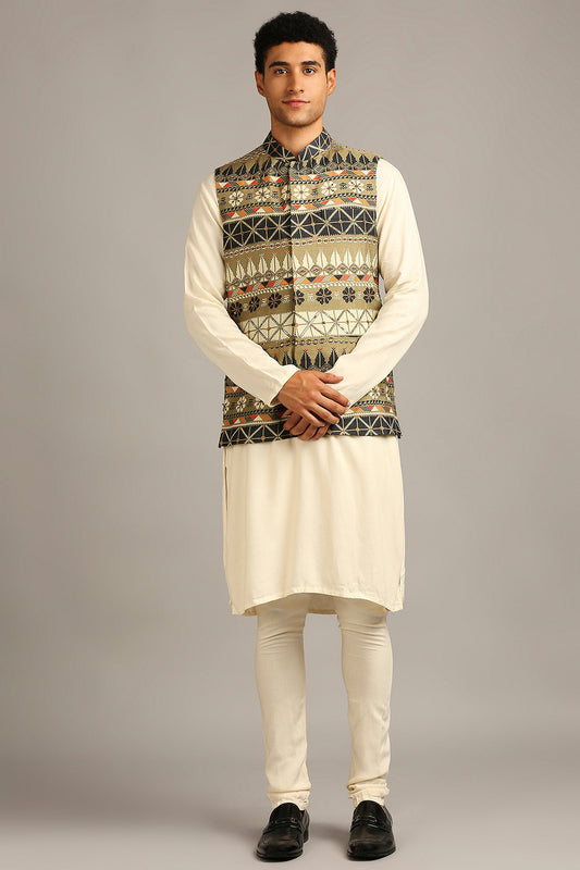 Beige Tiraz printed bundi with kurta set