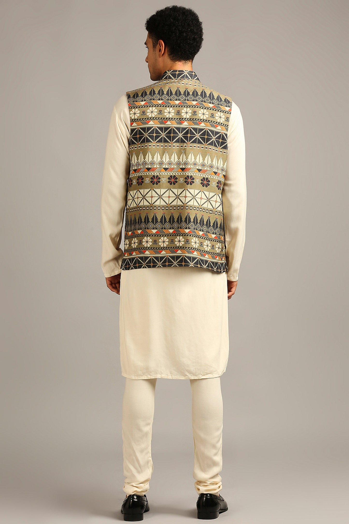 Beige Tiraz printed bundi with kurta set
