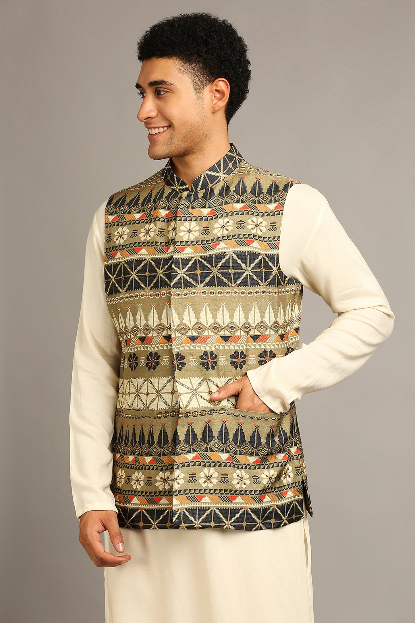 Beige Tiraz printed bundi with kurta set