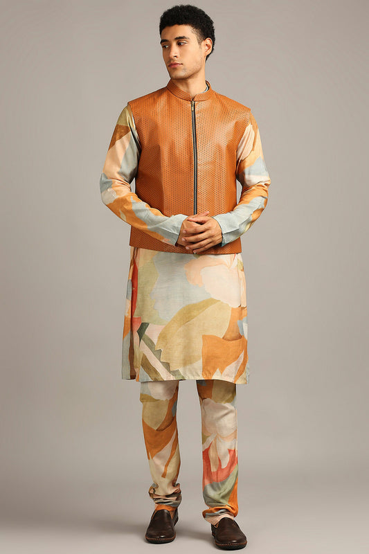 Multi color Conversational printed bundi with kurta set