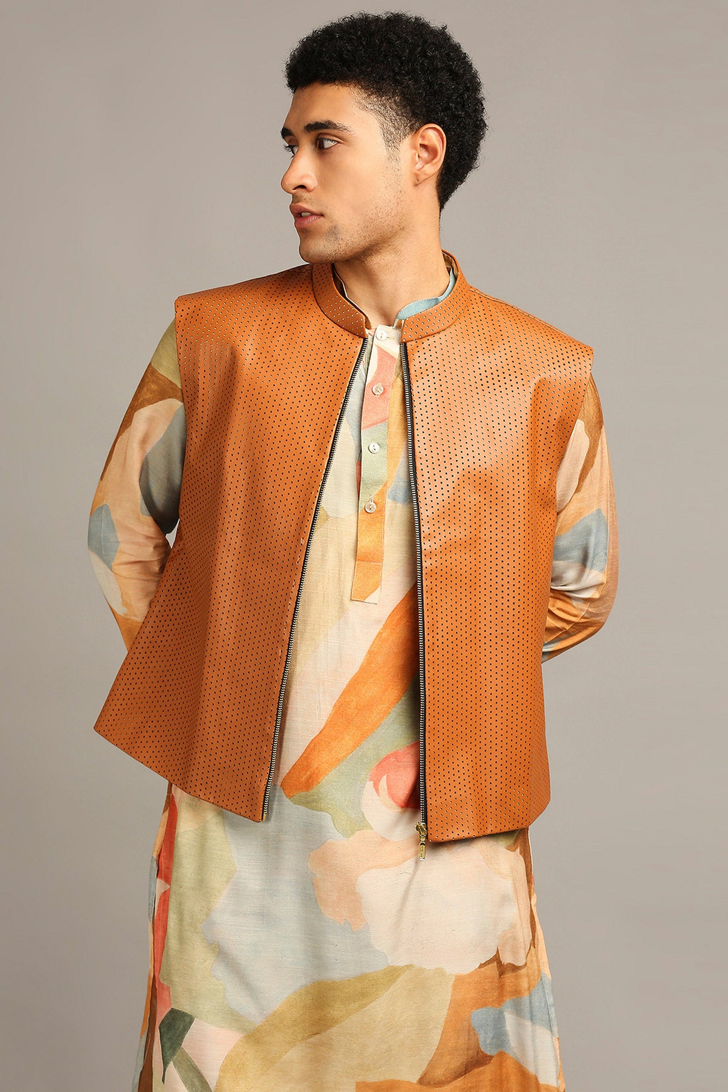 Multi color Conversational printed bundi with kurta set