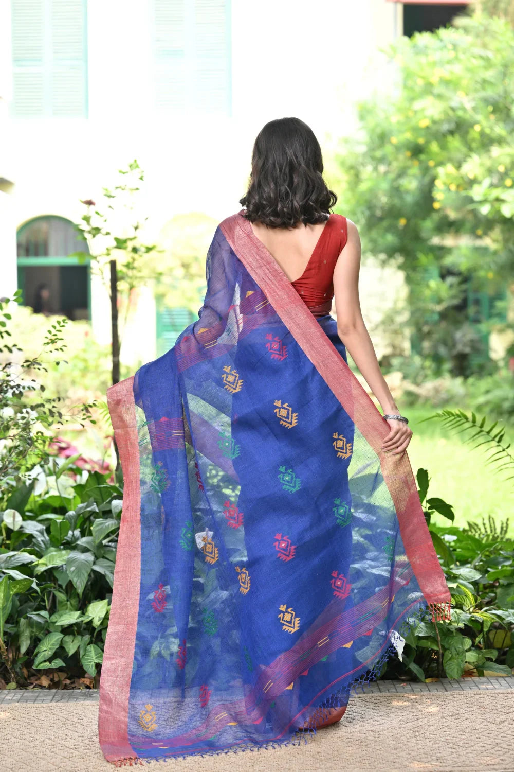 Handloom Navy Blue Pure Linen Zari Jamdani Saree