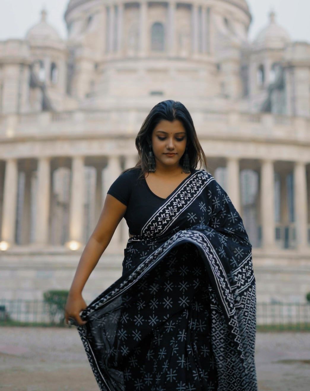 A Sky Full Of Wonders - Blue Handblock Print Natural Dyed - Mulmul Cotton Saree
