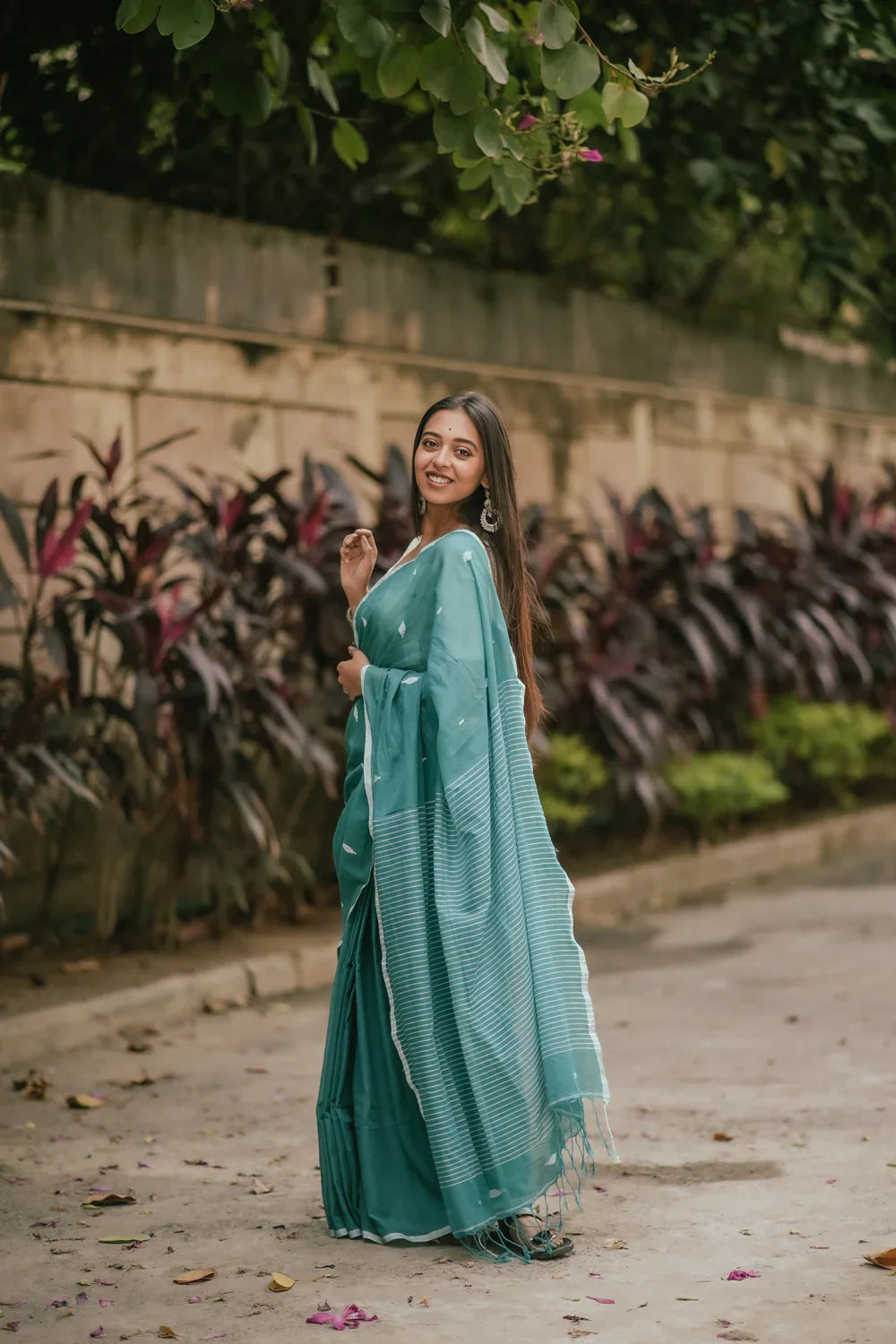 Handloom Aqua Green Mulmul Jamdani Saree