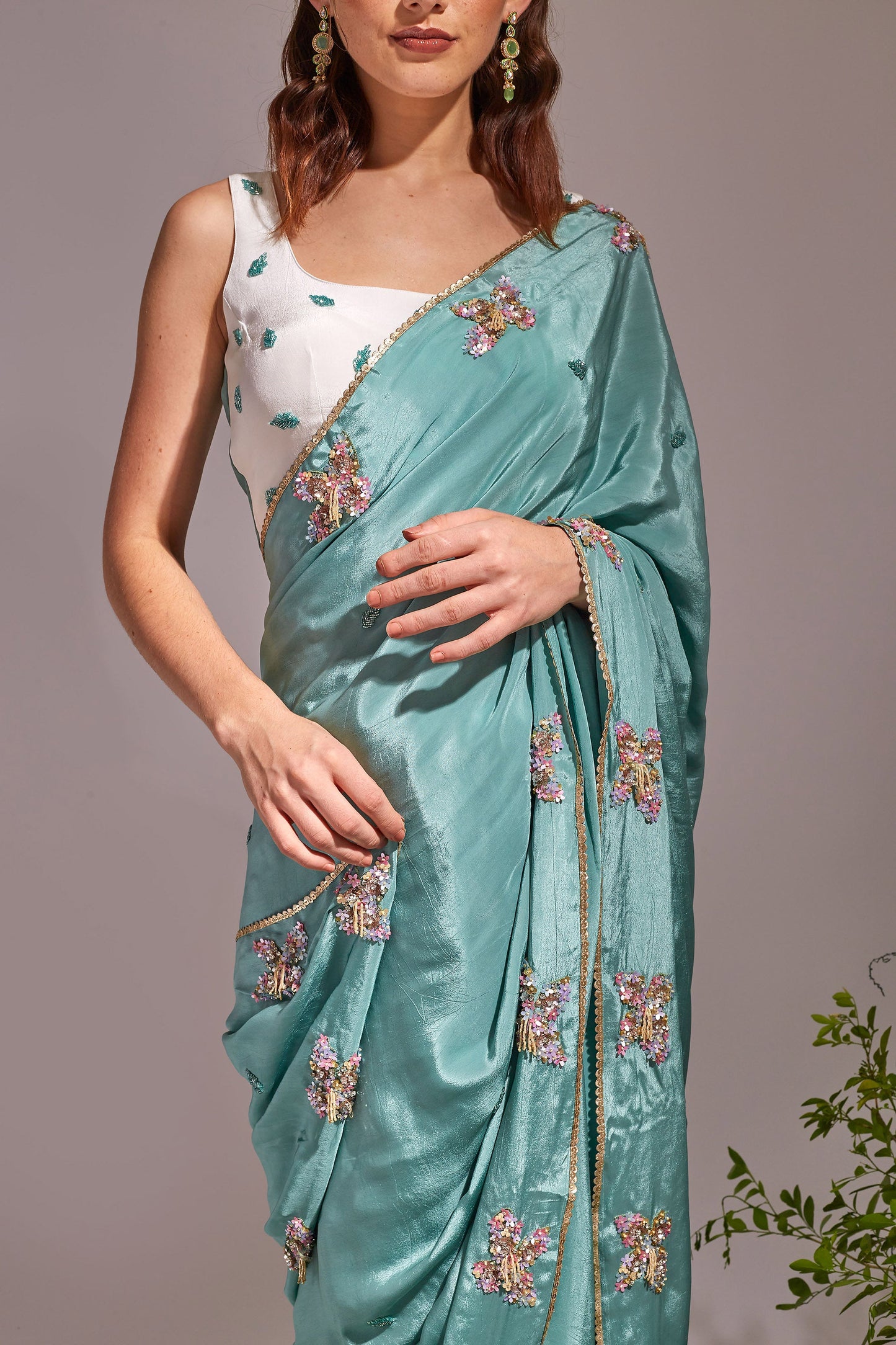 FLORALE  Light Sea Green , White Saree