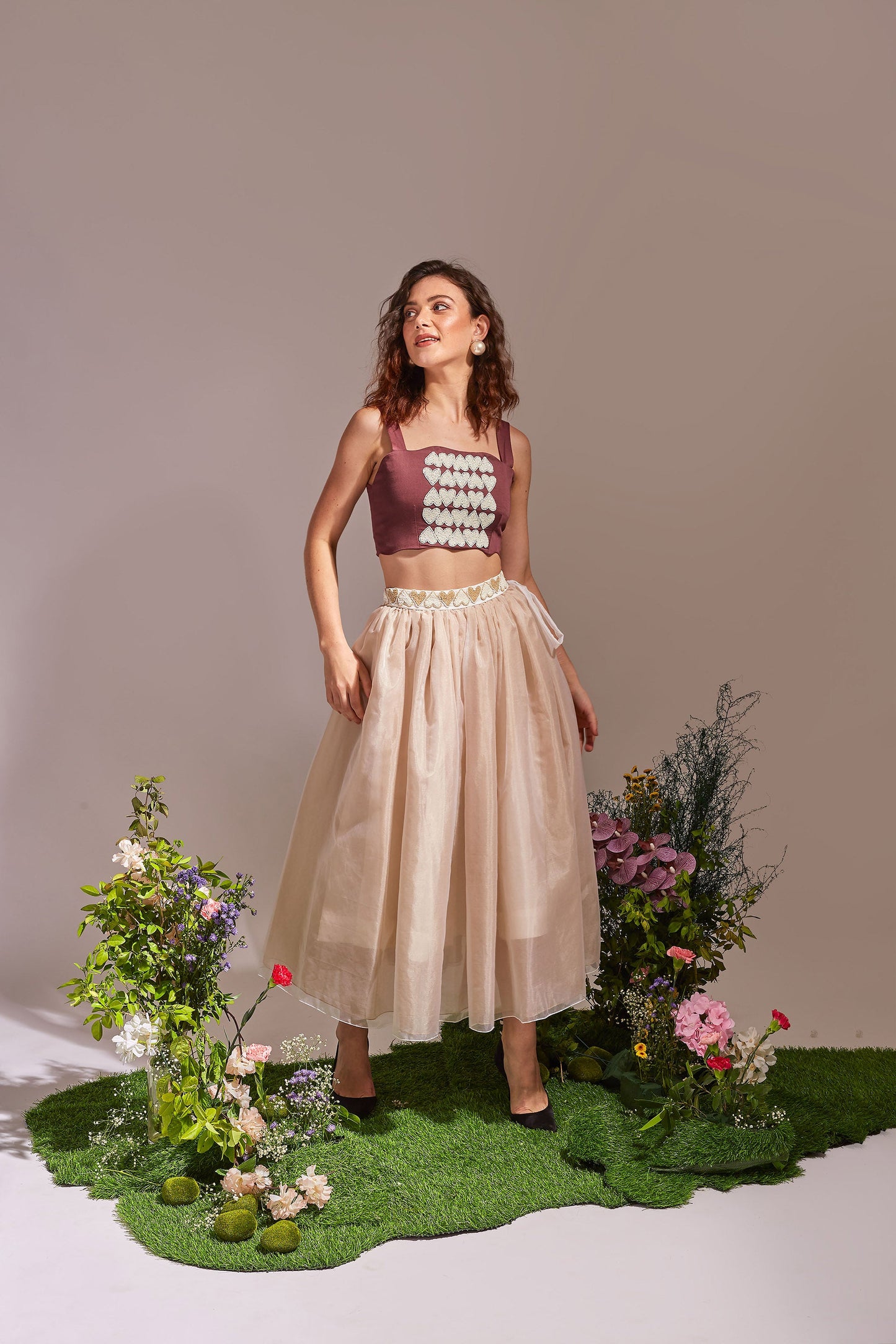 AMOUR Plum, Beige and White crop top skirt