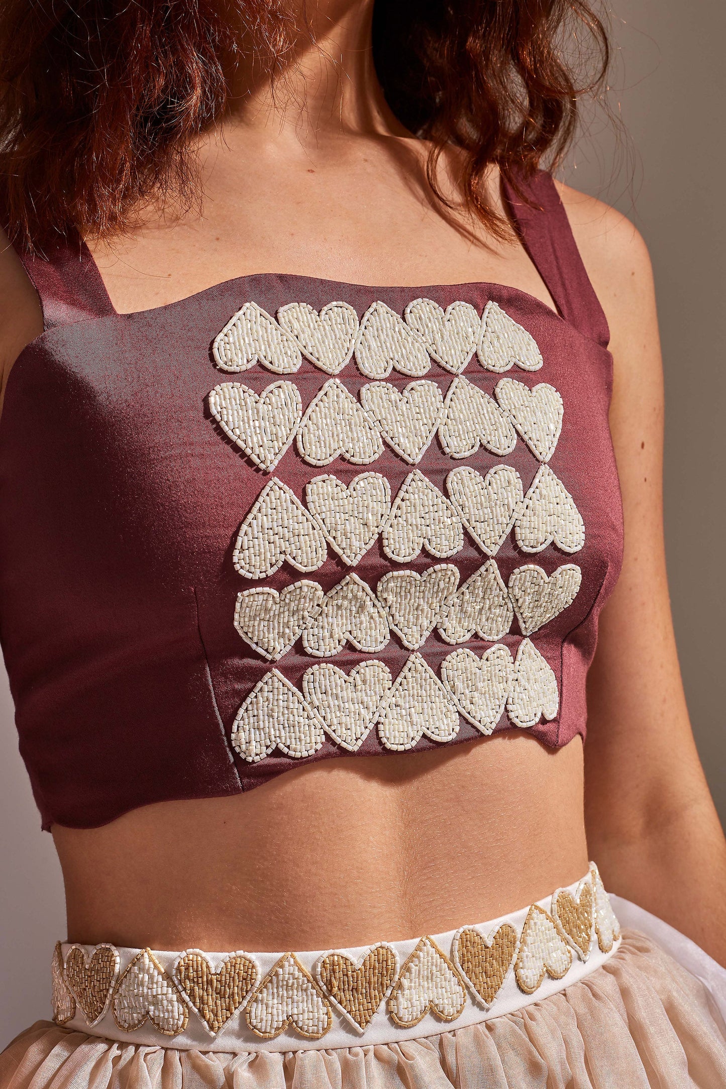 AMOUR Plum, Beige and White crop top skirt