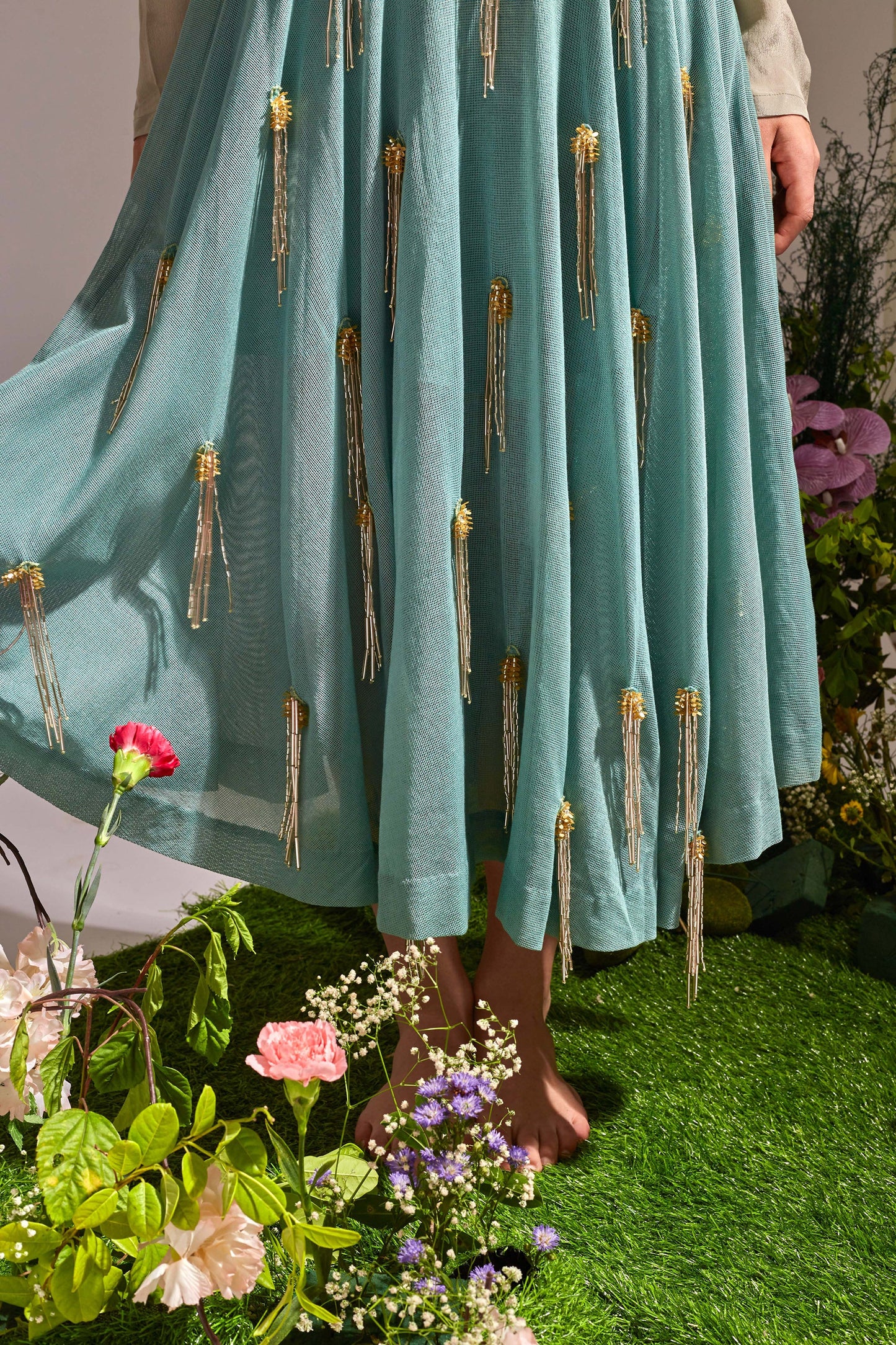 FLEURI Light Grey and Light sea Green top and skirt