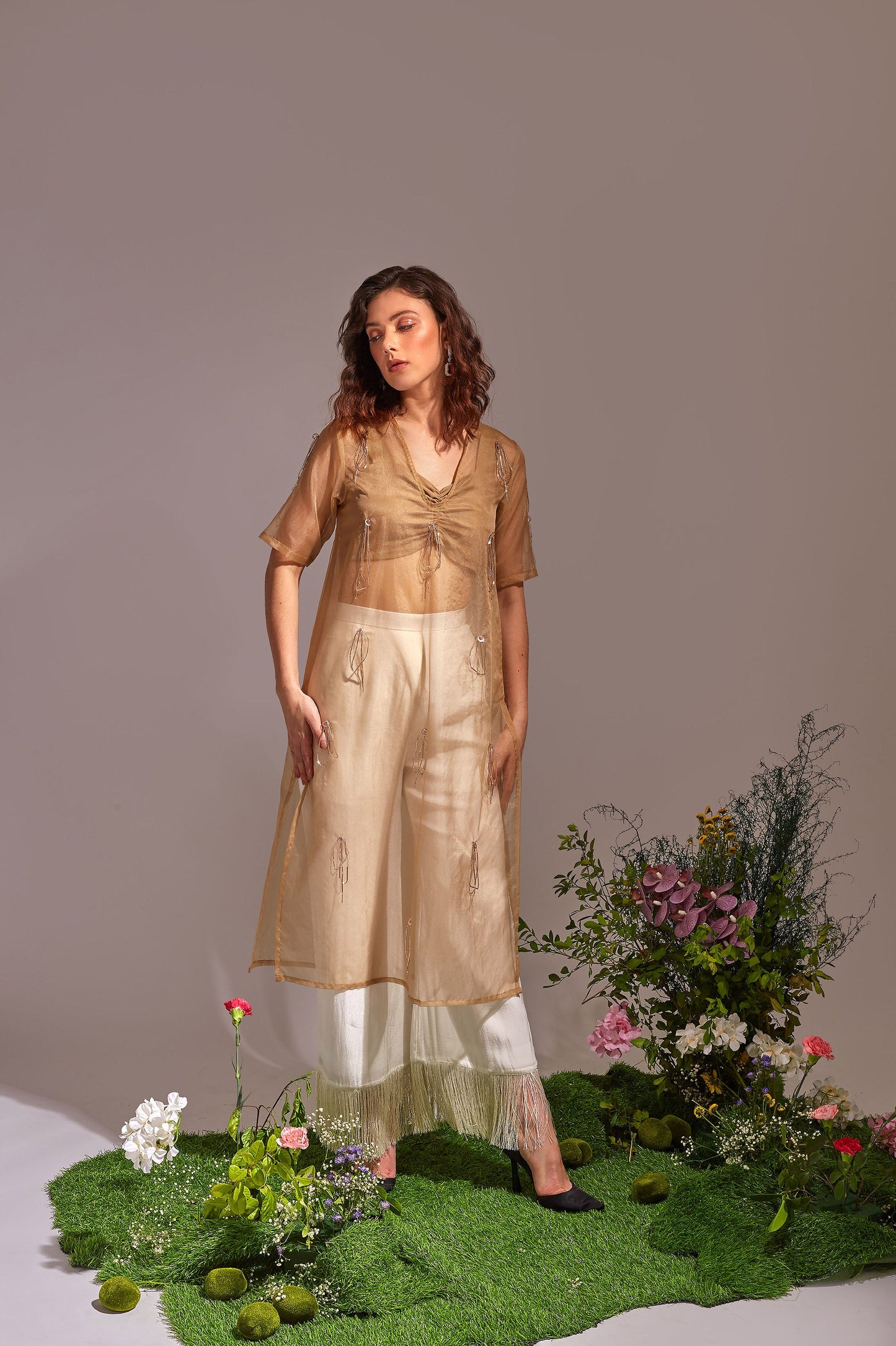 CALLIE Beige and White Dress