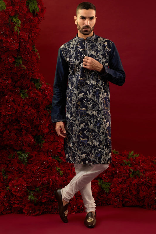 Navy blue silk kurta  pajama with  machine work