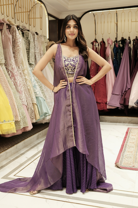 Purple georgette Indo-Western with pitta and sequins work