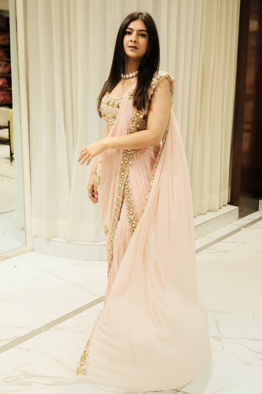 Baby pink georgette ready-to-wear saree