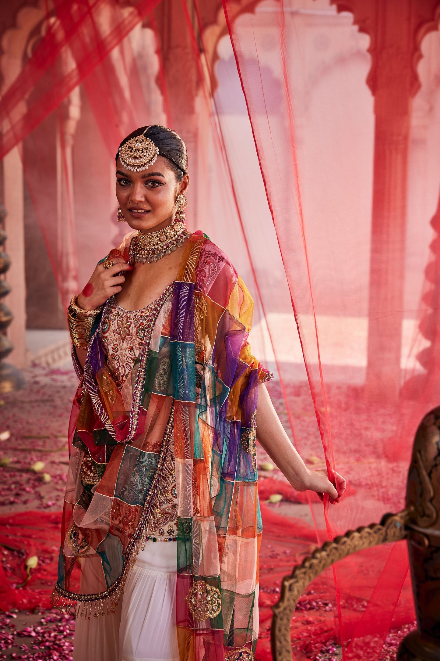 White Sharara Set with Paisley Pattern and Multi-color Dupatta