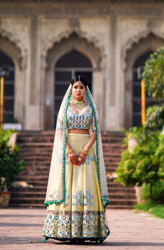 Off white & Lemon Yellow Pure Raw Silk Resham & Dabka work Lehenga