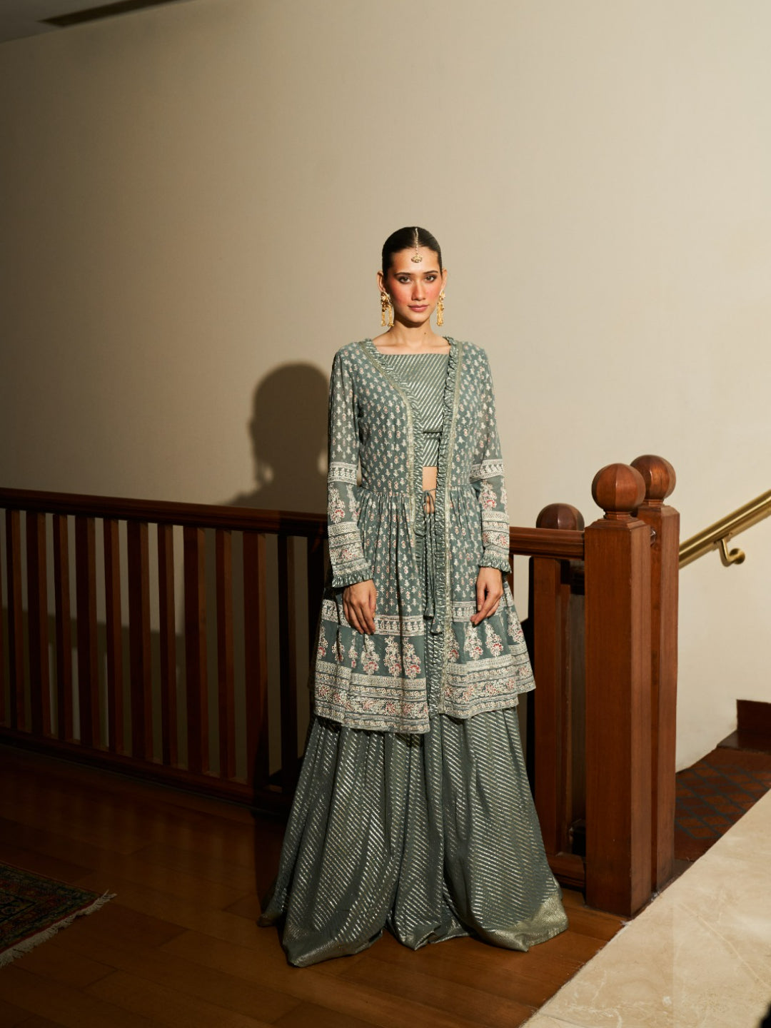 Pure Georgette Foil Printed Shrug With Skirt Set