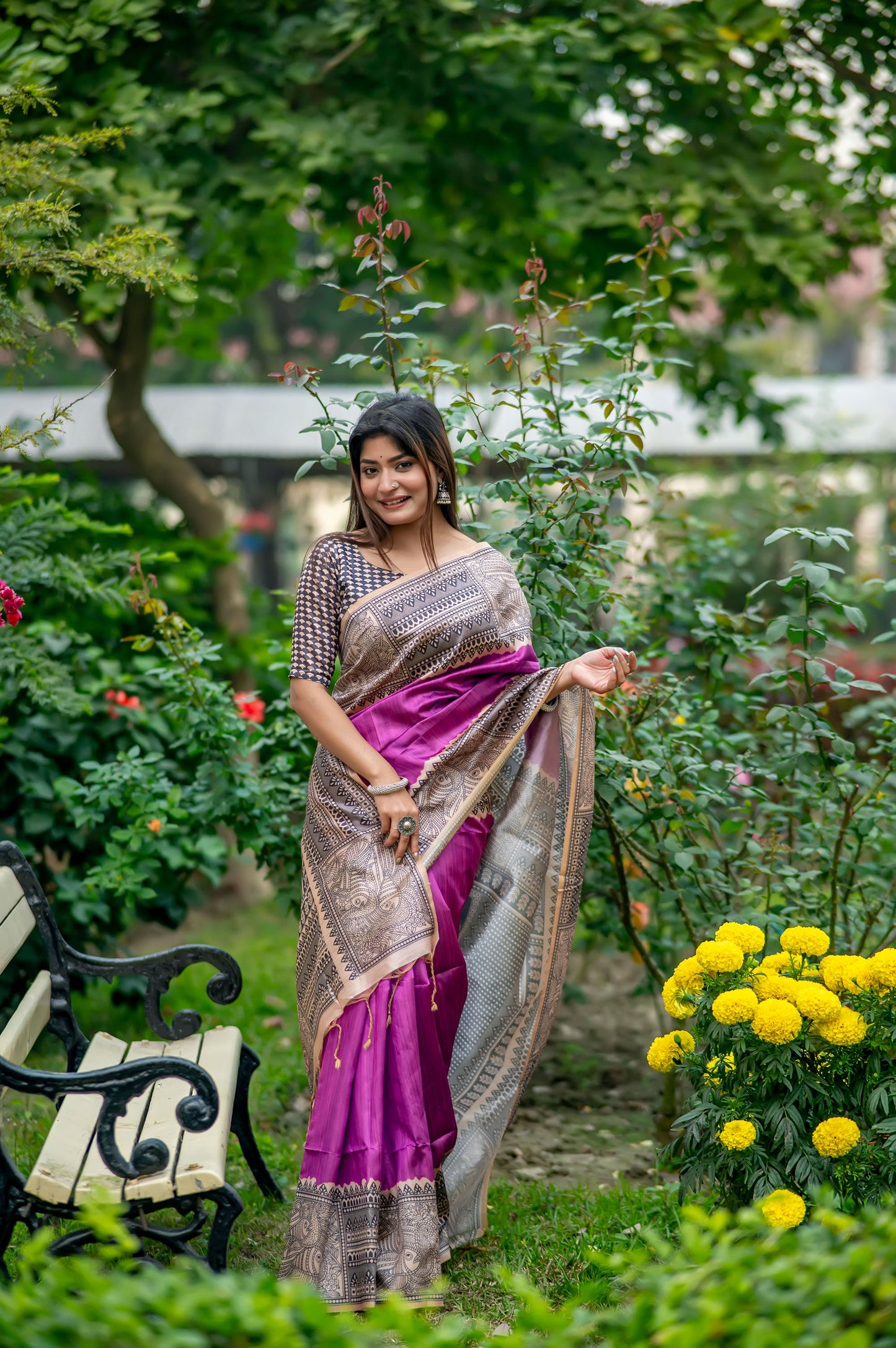 Yogita Wine Soft Tussar Silk Madhubani printed Saree