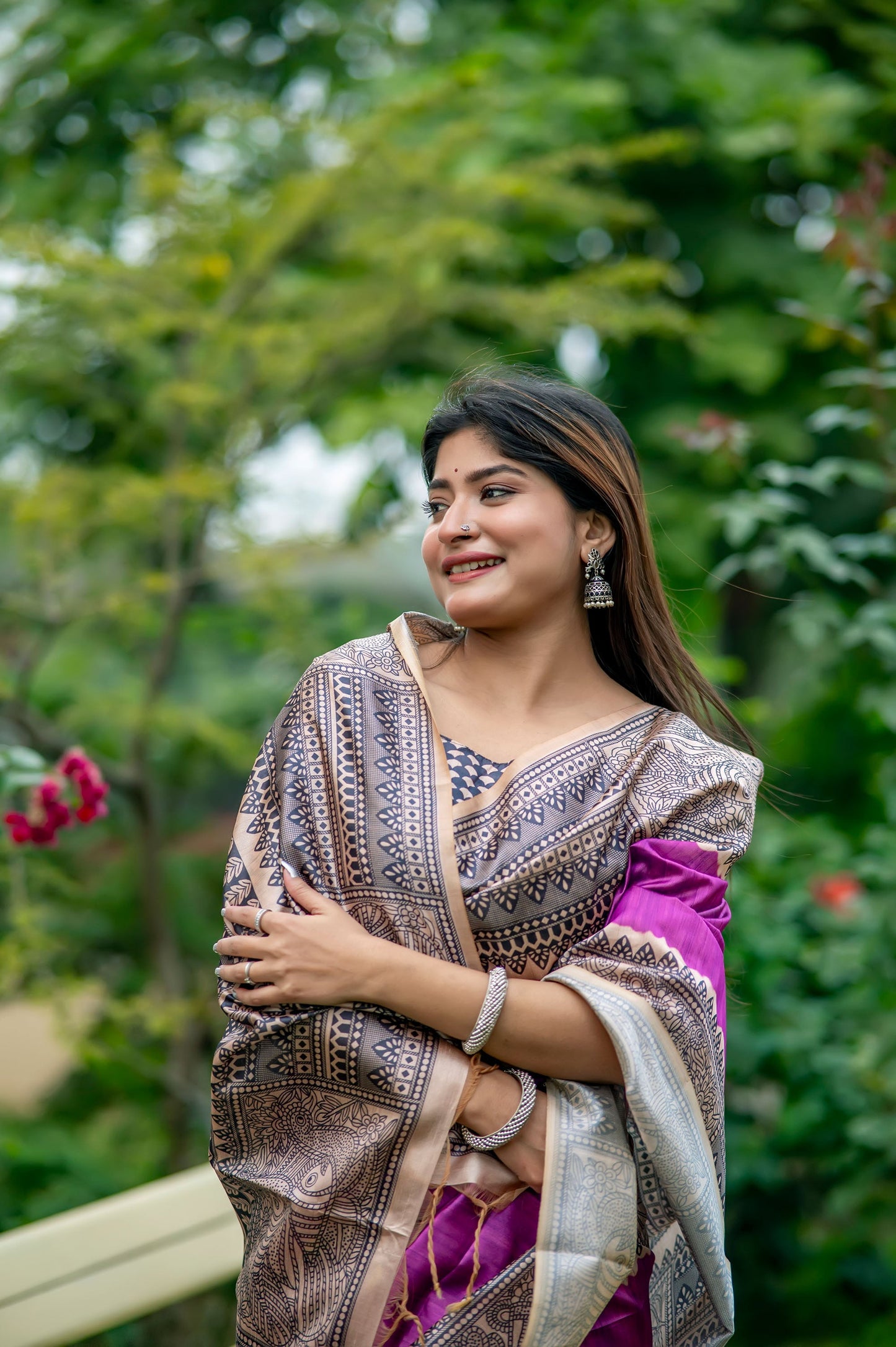 Yogita Wine Soft Tussar Silk Madhubani printed Saree