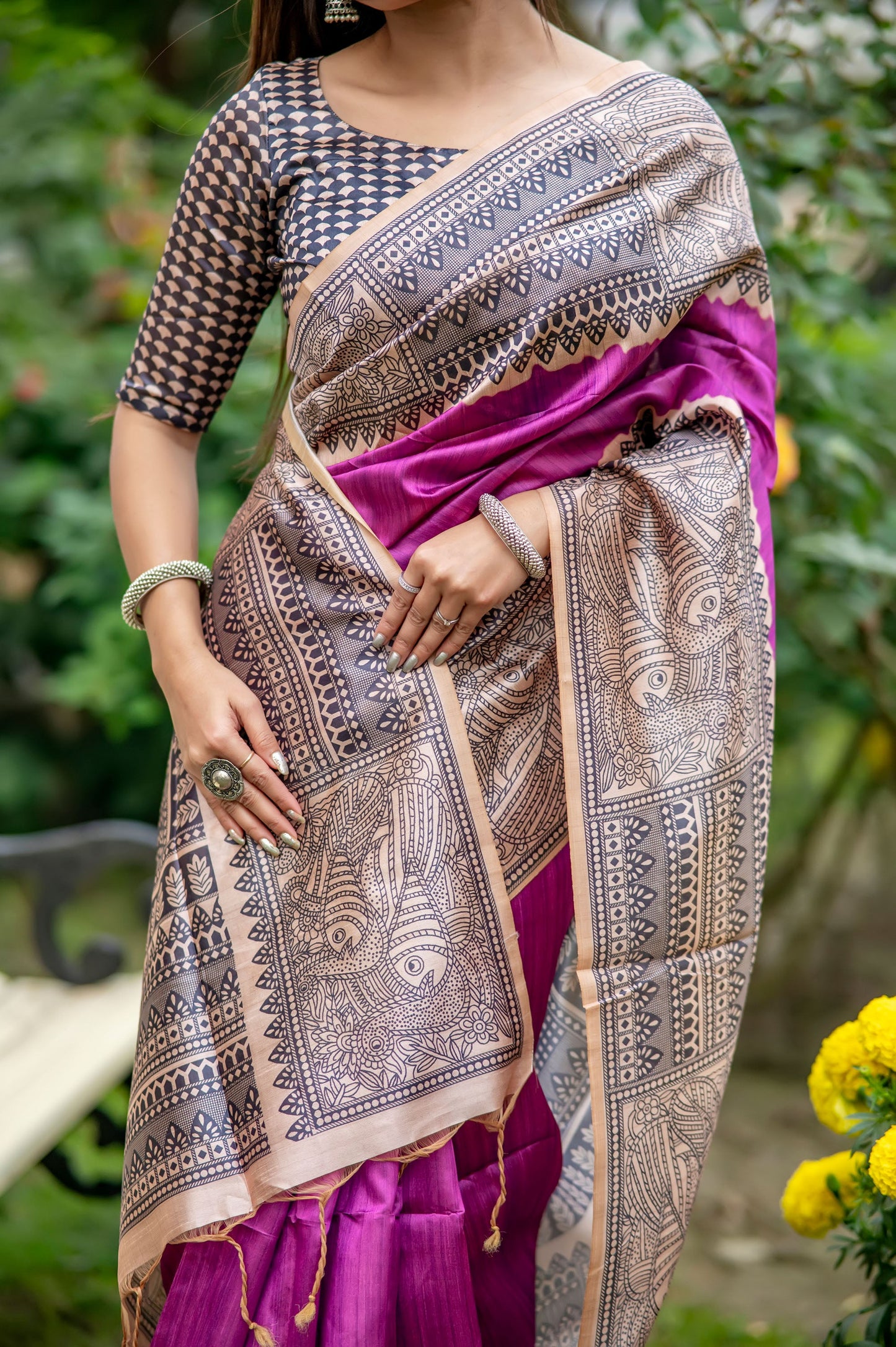 Yogita Wine Soft Tussar Silk Madhubani printed Saree