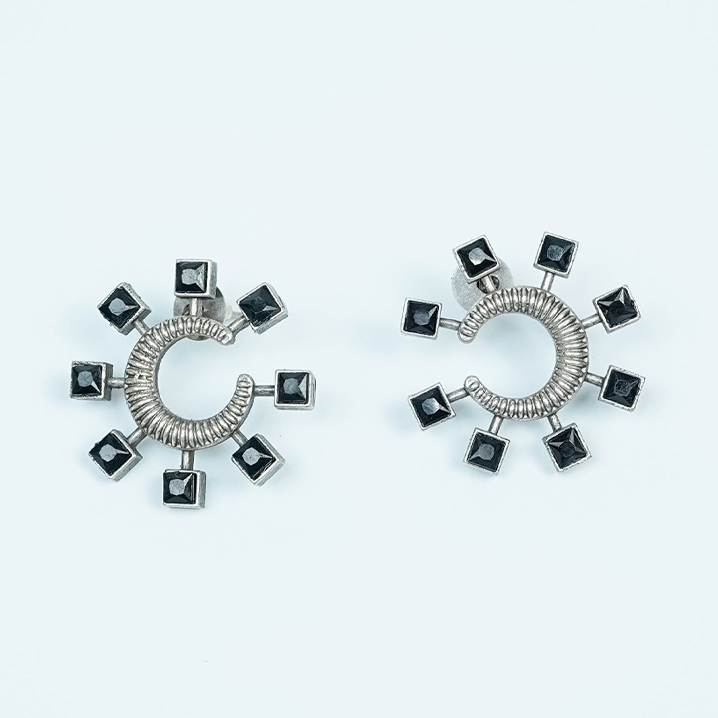 Zevar Club Oxidised Silver-Plated Black AD Studded Half-Hoop Earrings
