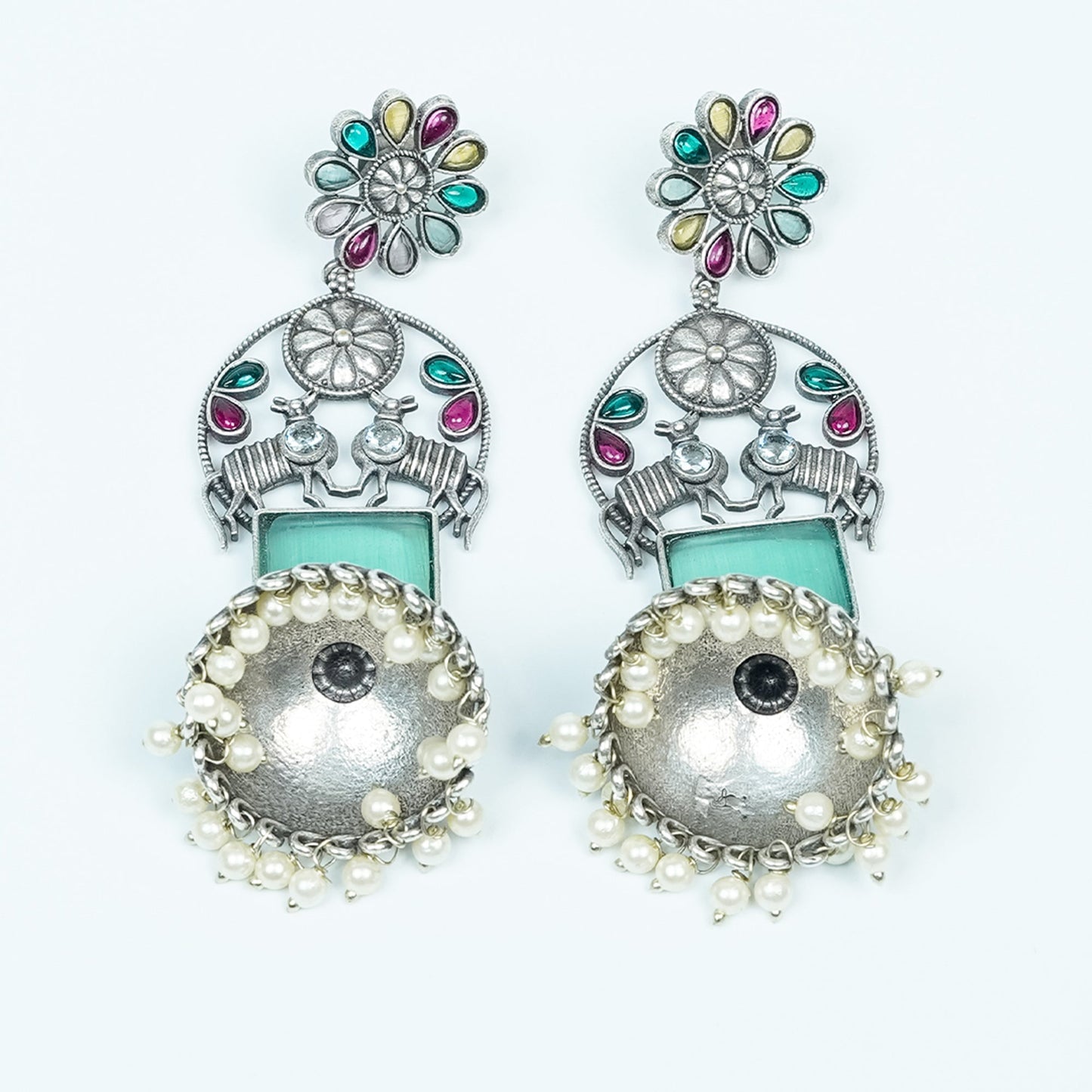Zevar Club Oxidised Silver-Plated Multicolor Stones & Pastel Green Gemstone Studded Floral Jhumkis Earrings