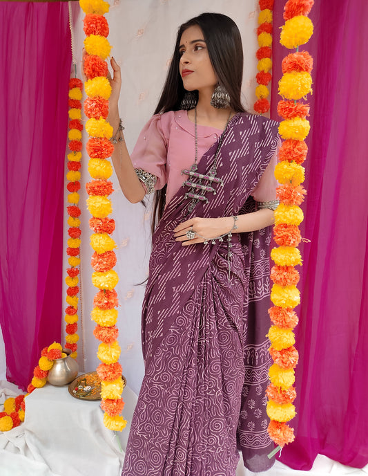 Mirage - Bagru Natural Dyes Handblock Printed - Maroon Cotton Mulmul Saree