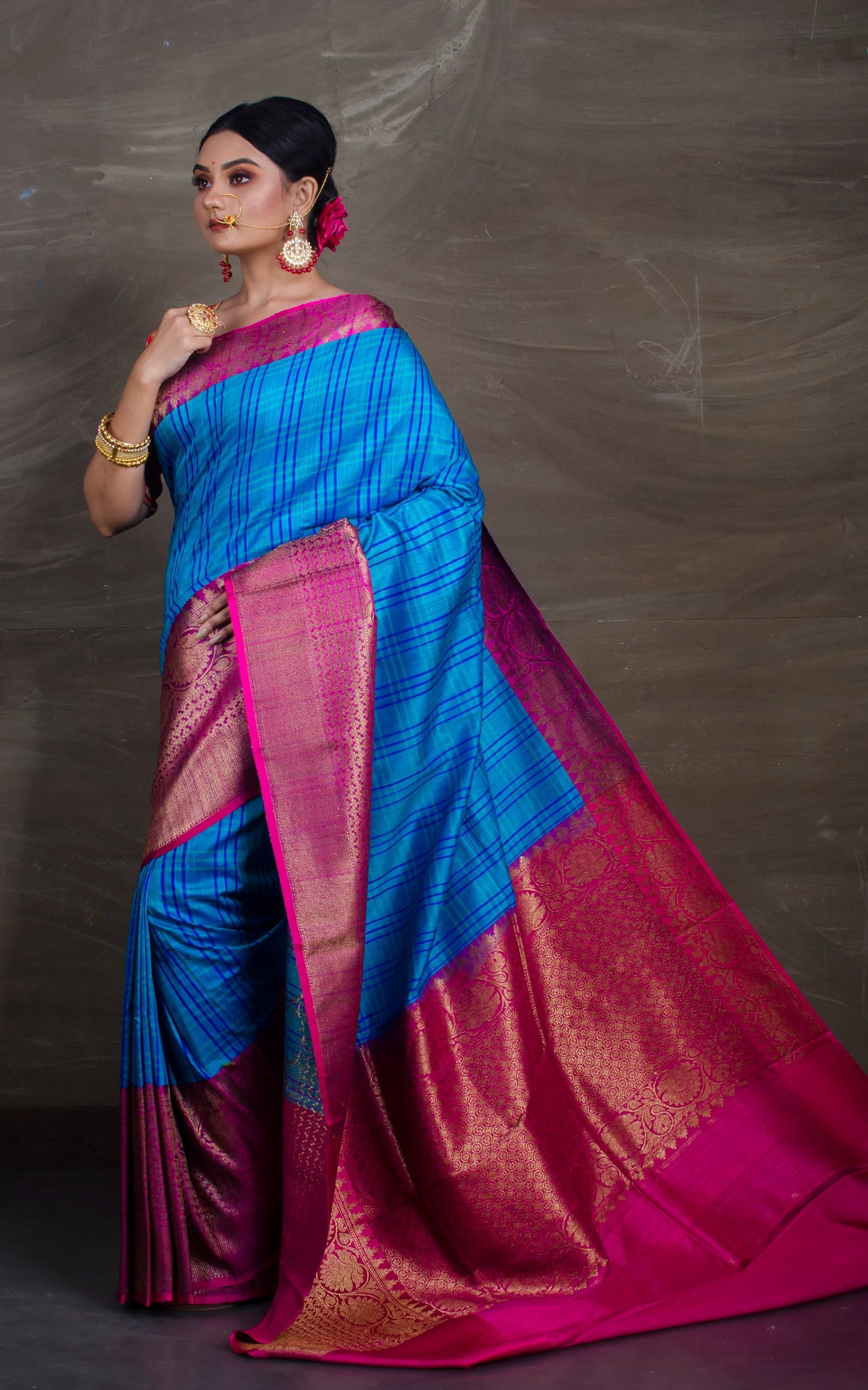 Pure Dupion Tussar Banarasi Saree in Blue and Rani