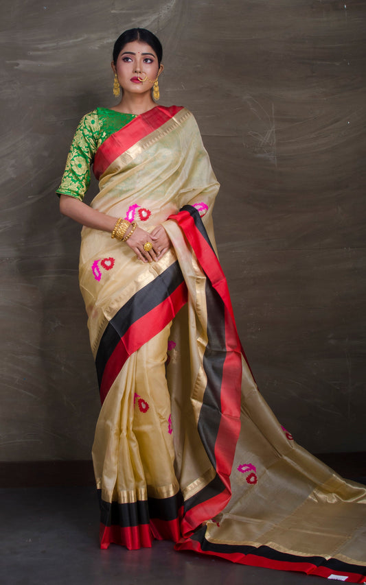 Alfi Work Tussar Banarasi Saree with Satin Border in Beige and Multicolored Thread Work