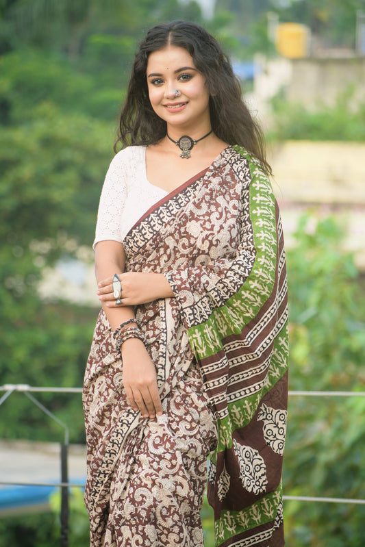 Dhaure - Wine Bagru Natural Dyes Handblock Printed - Cotton Mulmul Saree