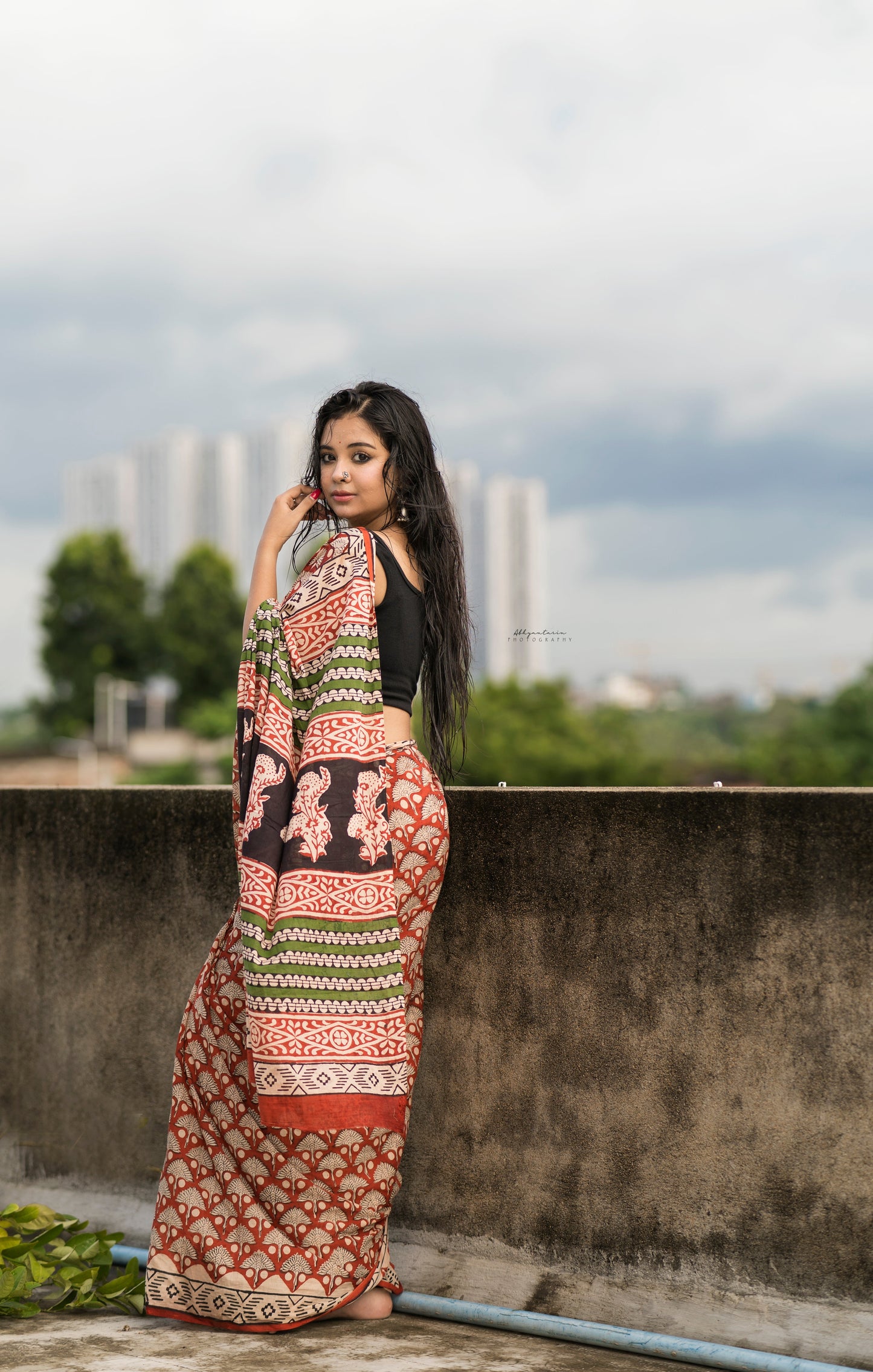 Chilgoza- Red Bagru Natural Dyes Handblock Printed - Cotton Mulmul Saree