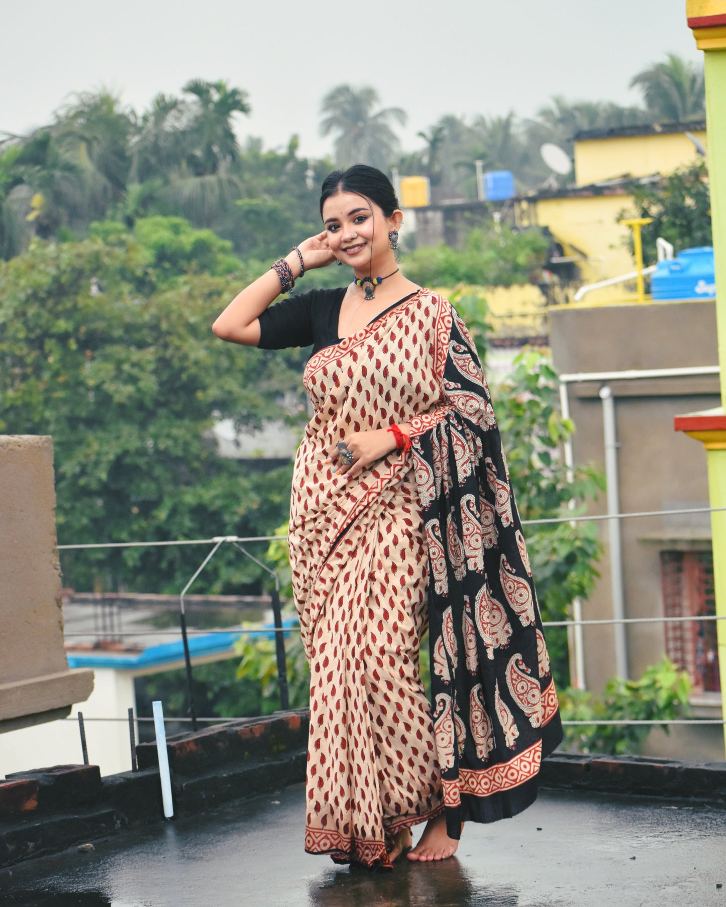Chirmi - White Bagru Natural Dyes Handblock Printed - Cotton Mulmul Saree