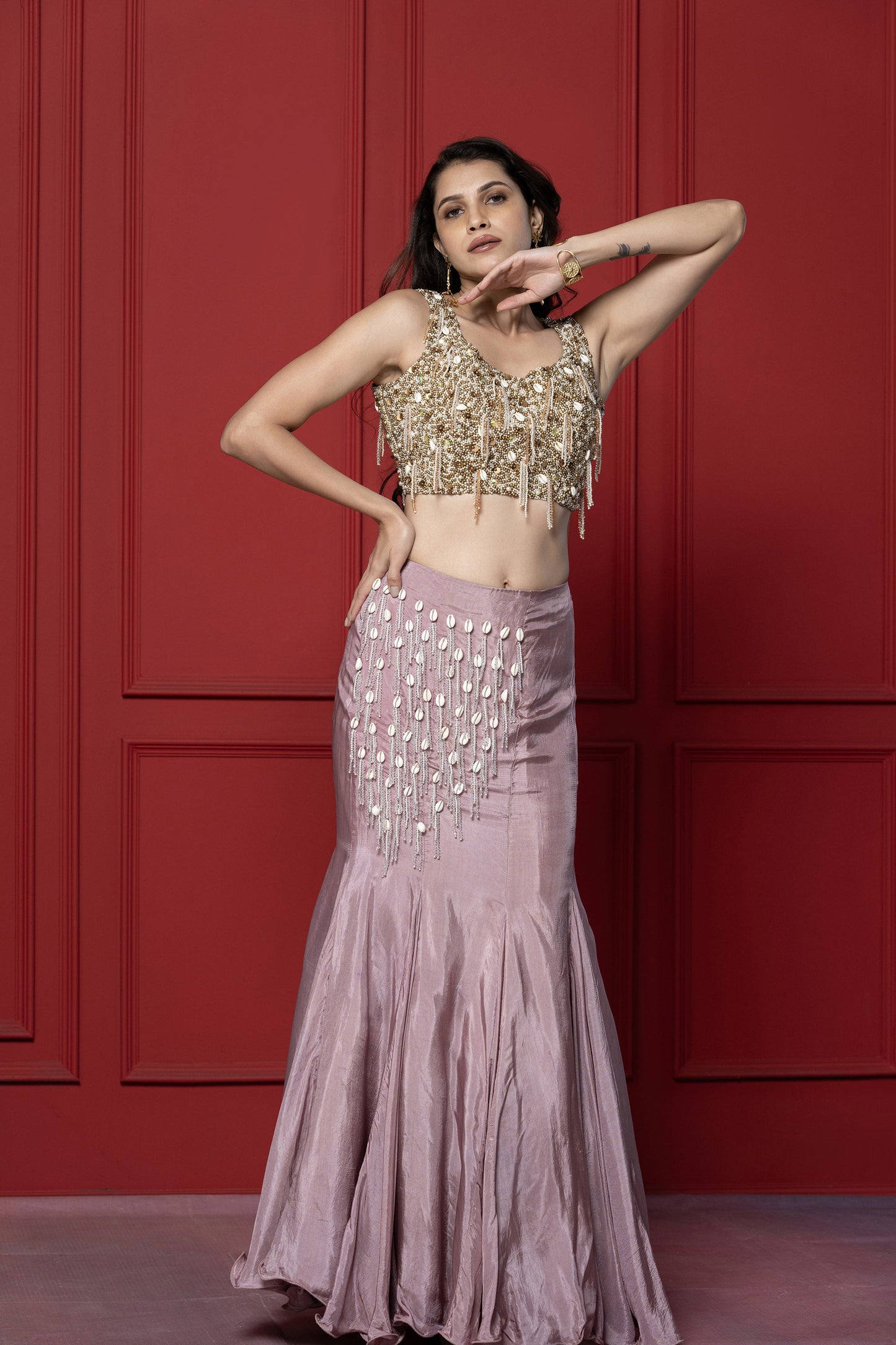 Mauve Fish Cut Upada Skirt Set