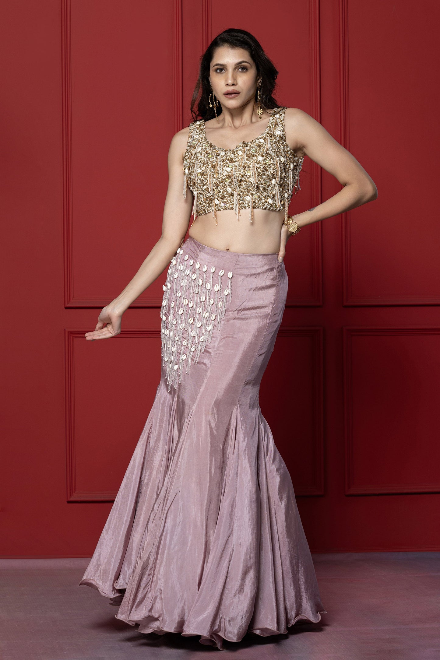 Mauve Fish Cut Upada Skirt Set