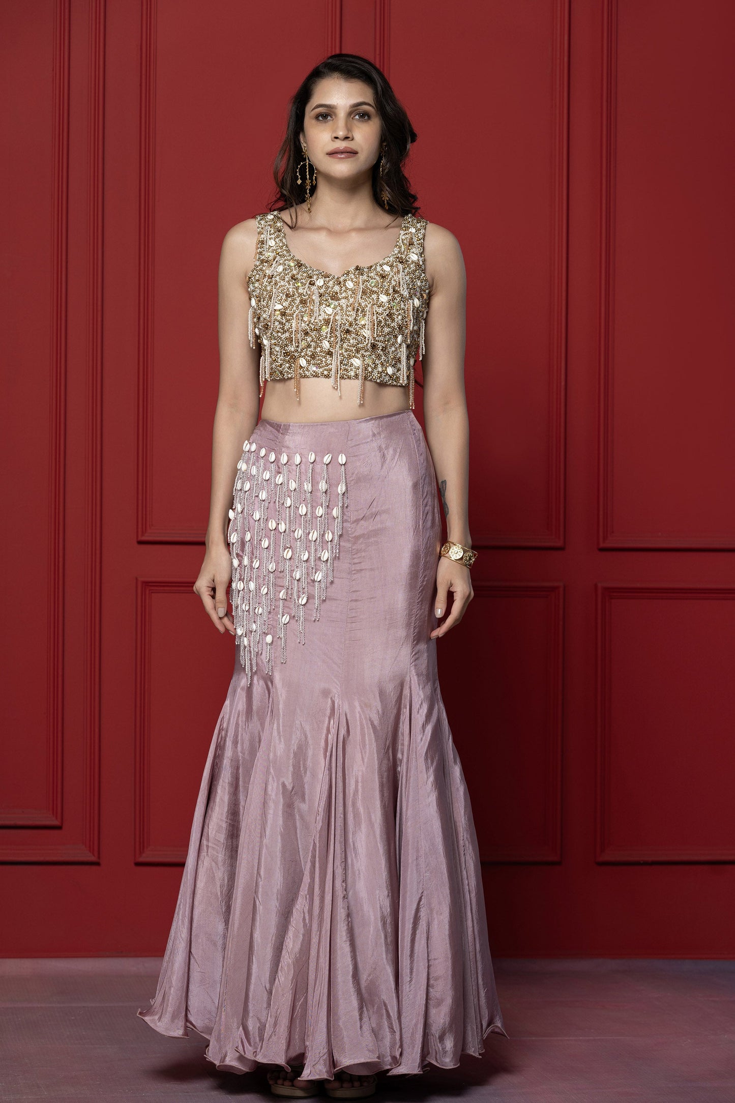 Mauve Fish Cut Upada Skirt Set