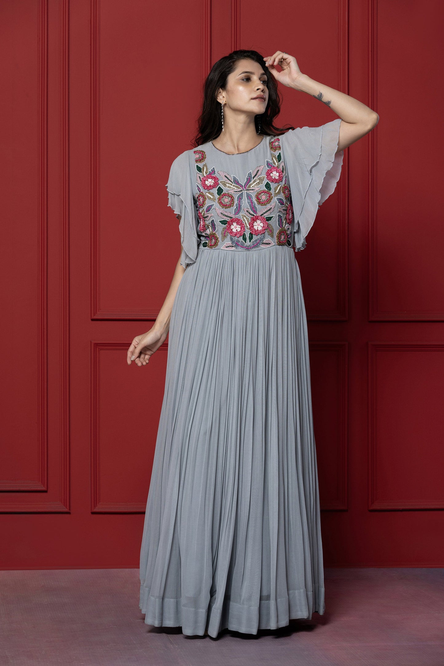 Grey Threadwork Bell Sleeved Grey Gown