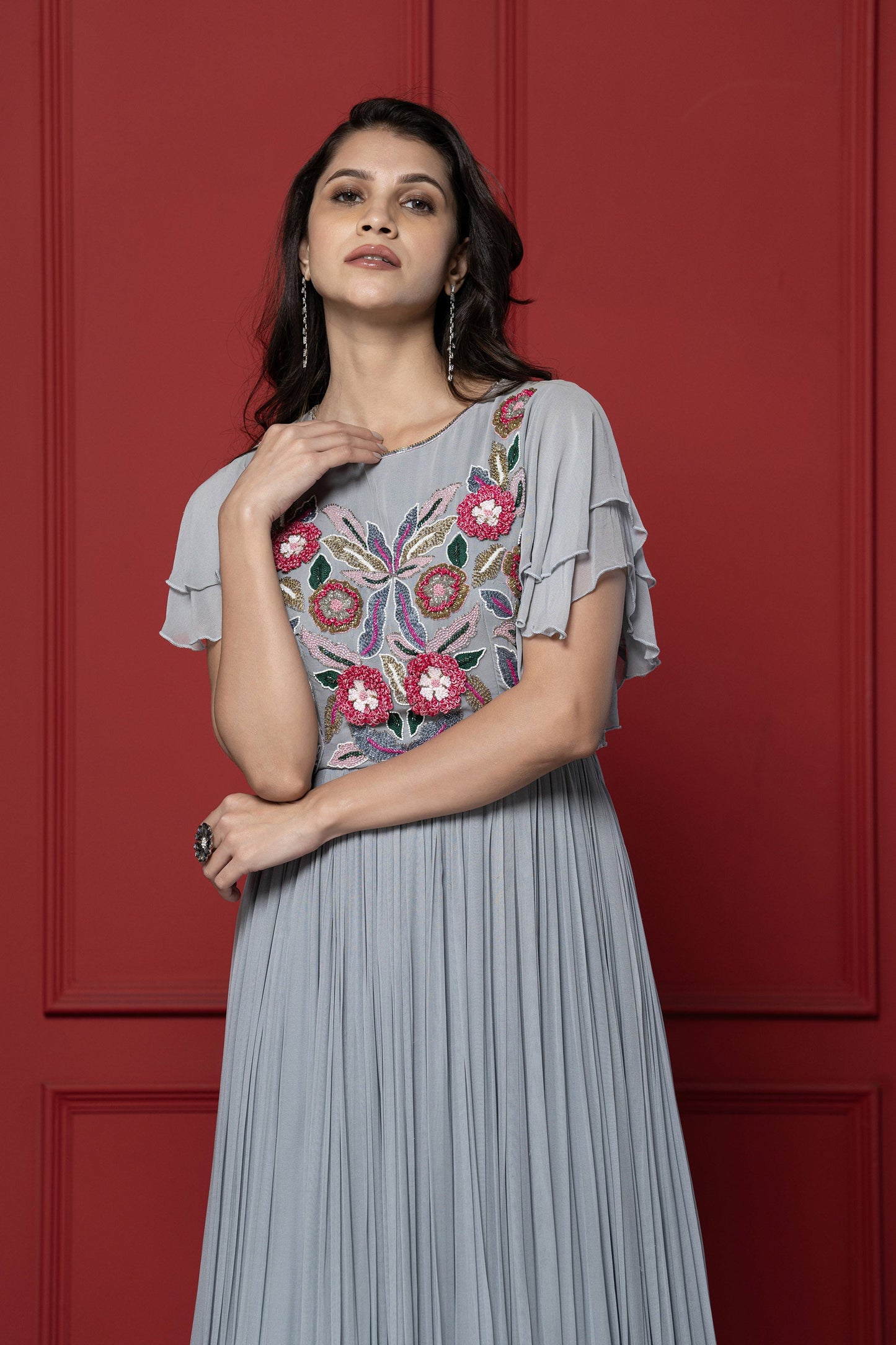 Grey Threadwork Bell Sleeved Grey Gown