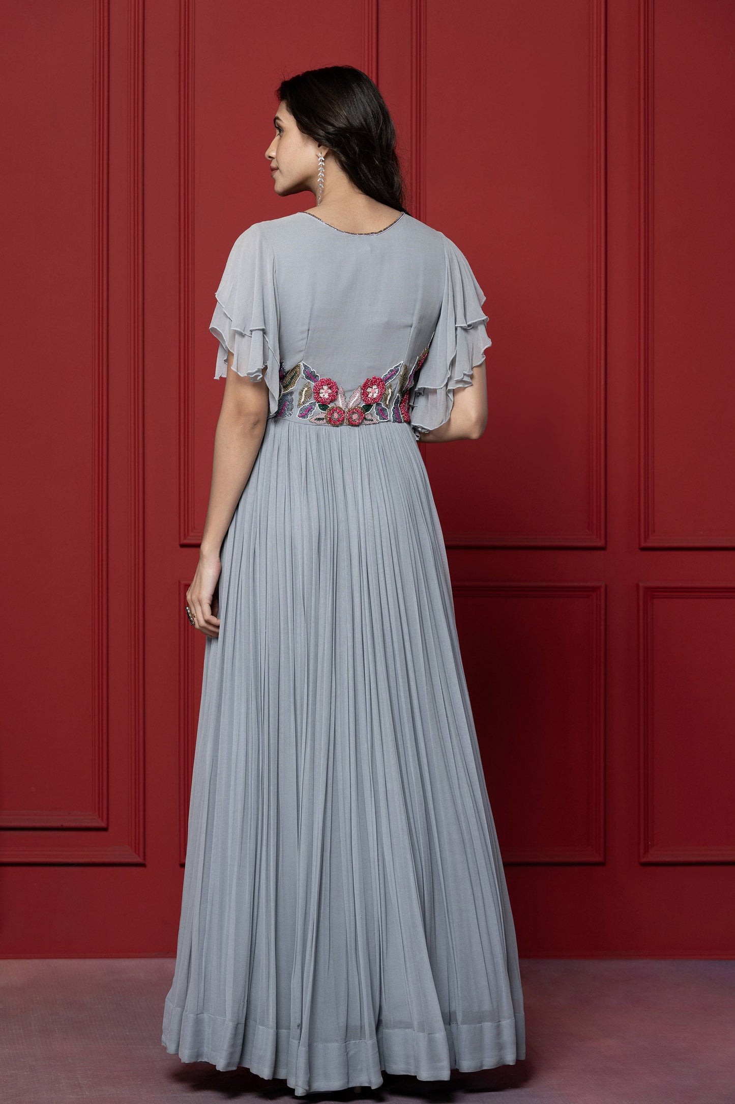 Grey Threadwork Bell Sleeved Grey Gown