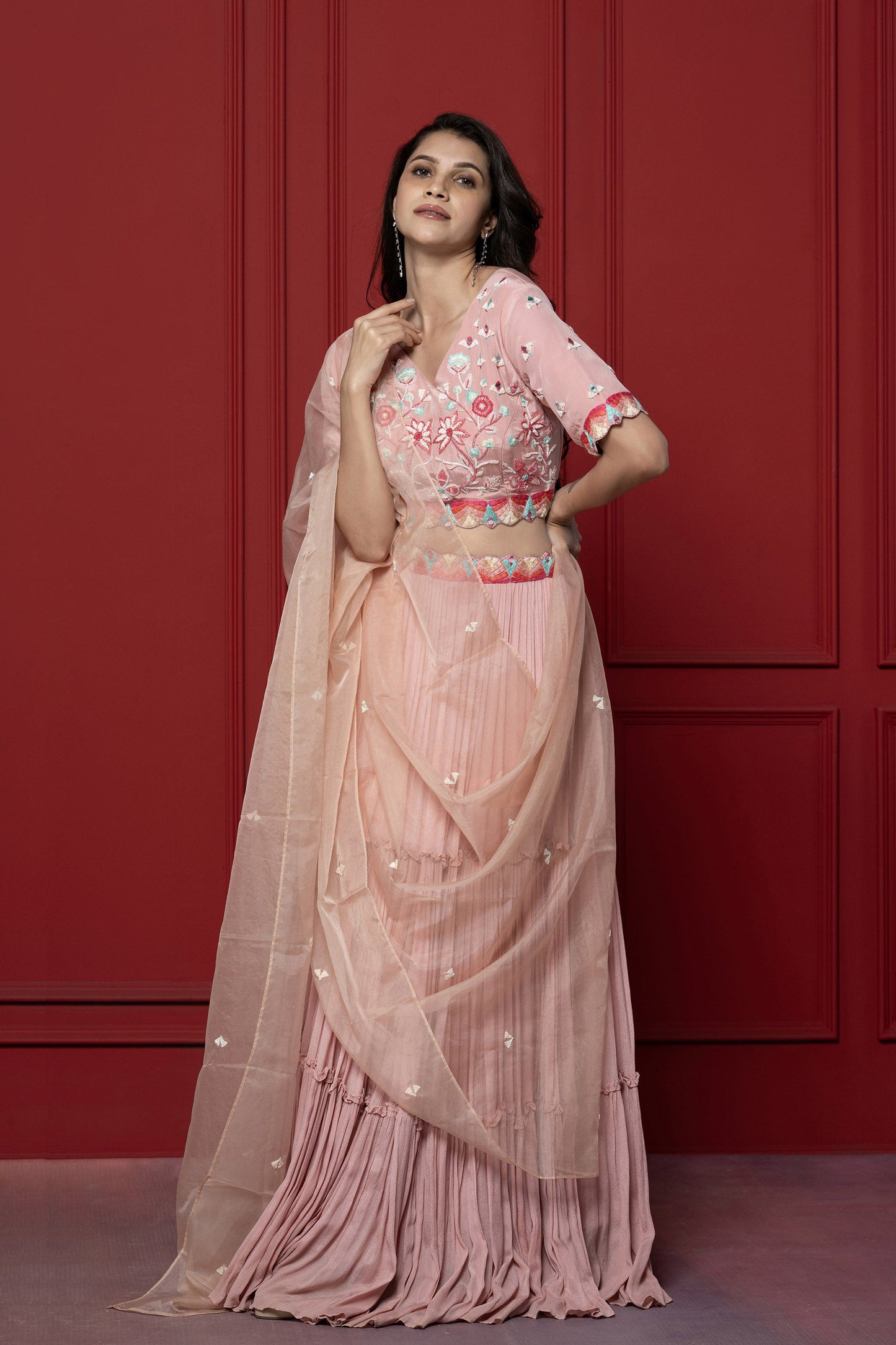 Pink Chinnon Resham Embroidered Lehenga