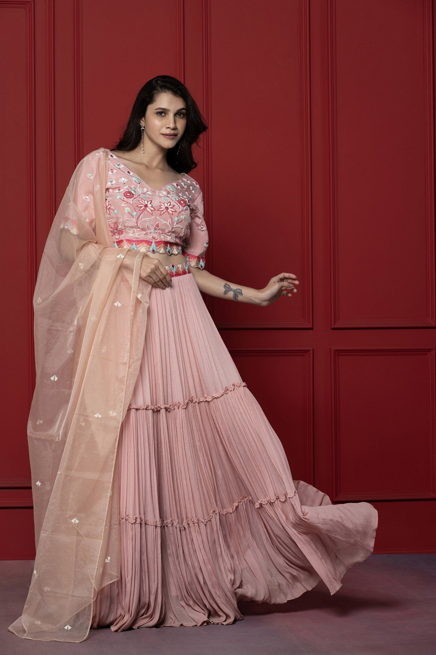 Pink Chinnon Resham Embroidered Lehenga